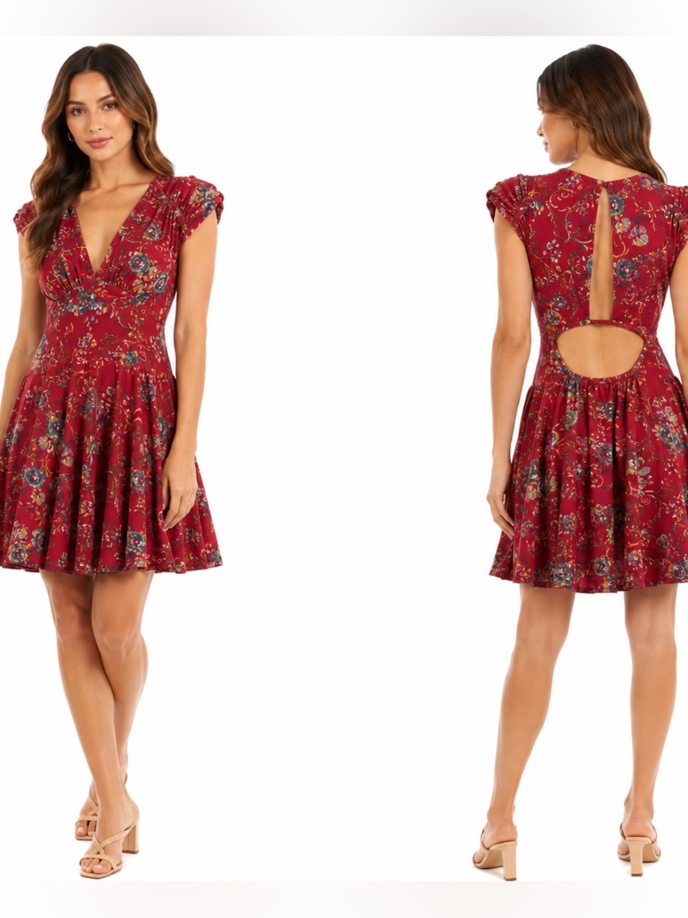 Denim & Supply Ralph Lauren Red Floral Back Cutout V Neck Boho Mini Dress Sz 2